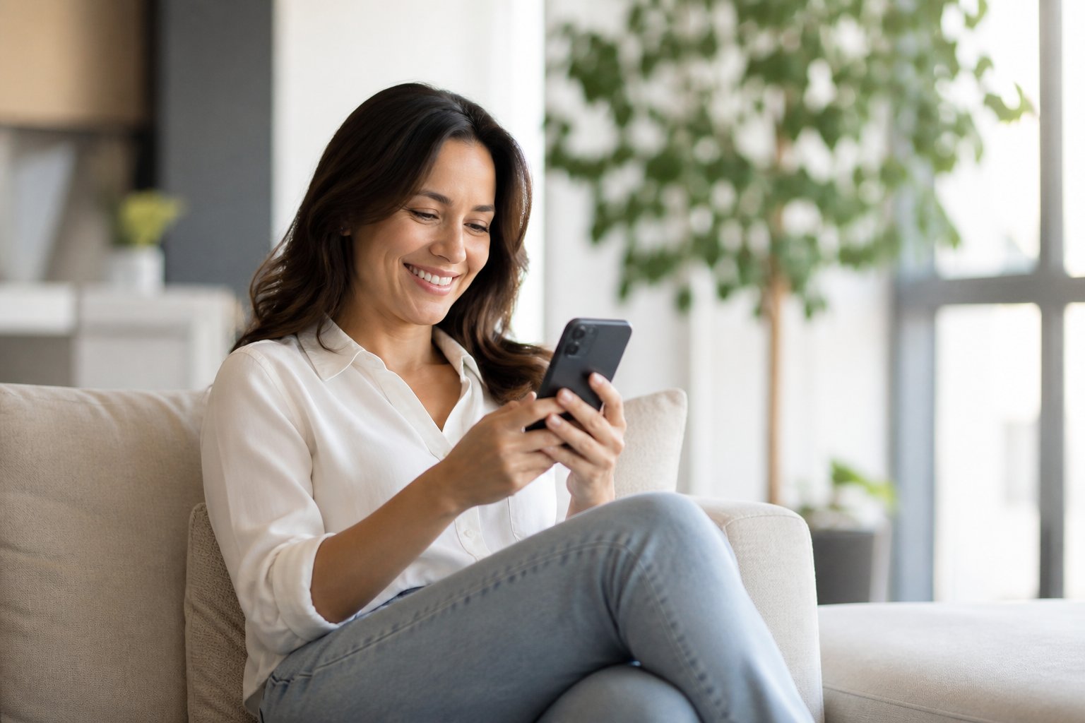 Person at home using their phone to check healthcare costs and coverage